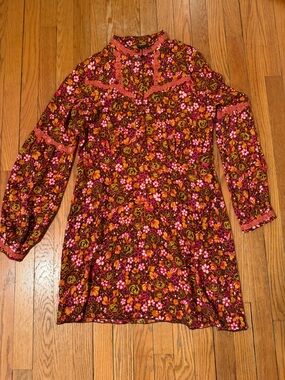 Anna Sui Floral Midi Dress in Brown, Orange, Pink, Yellow